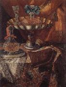 unknow artist Still life of a wine glass and bottle in a parcel gilt tazza together with a glass decanter on a pewter dish upon a draped tabletop Spain oil painting artist
